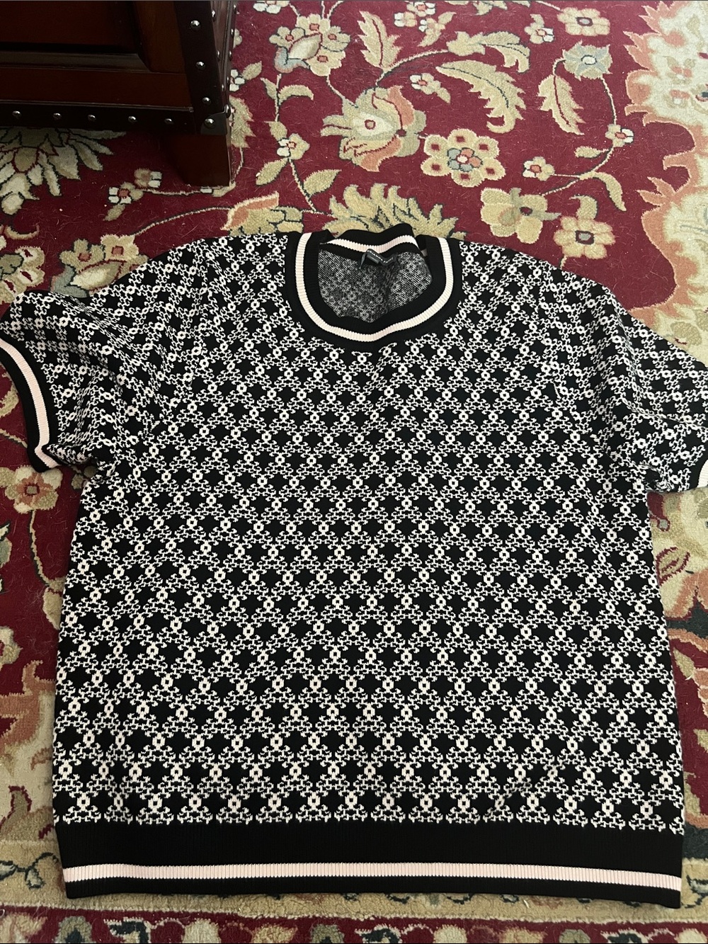Black and baby pink Patterned Short Sleeve Sweater Top